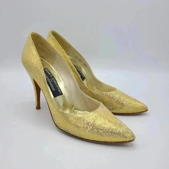 Vintage Stuart Weitzman Martinique Gold Glitter Pointed Toe Stiletto Heels 7.5 - Picture 1 of 16